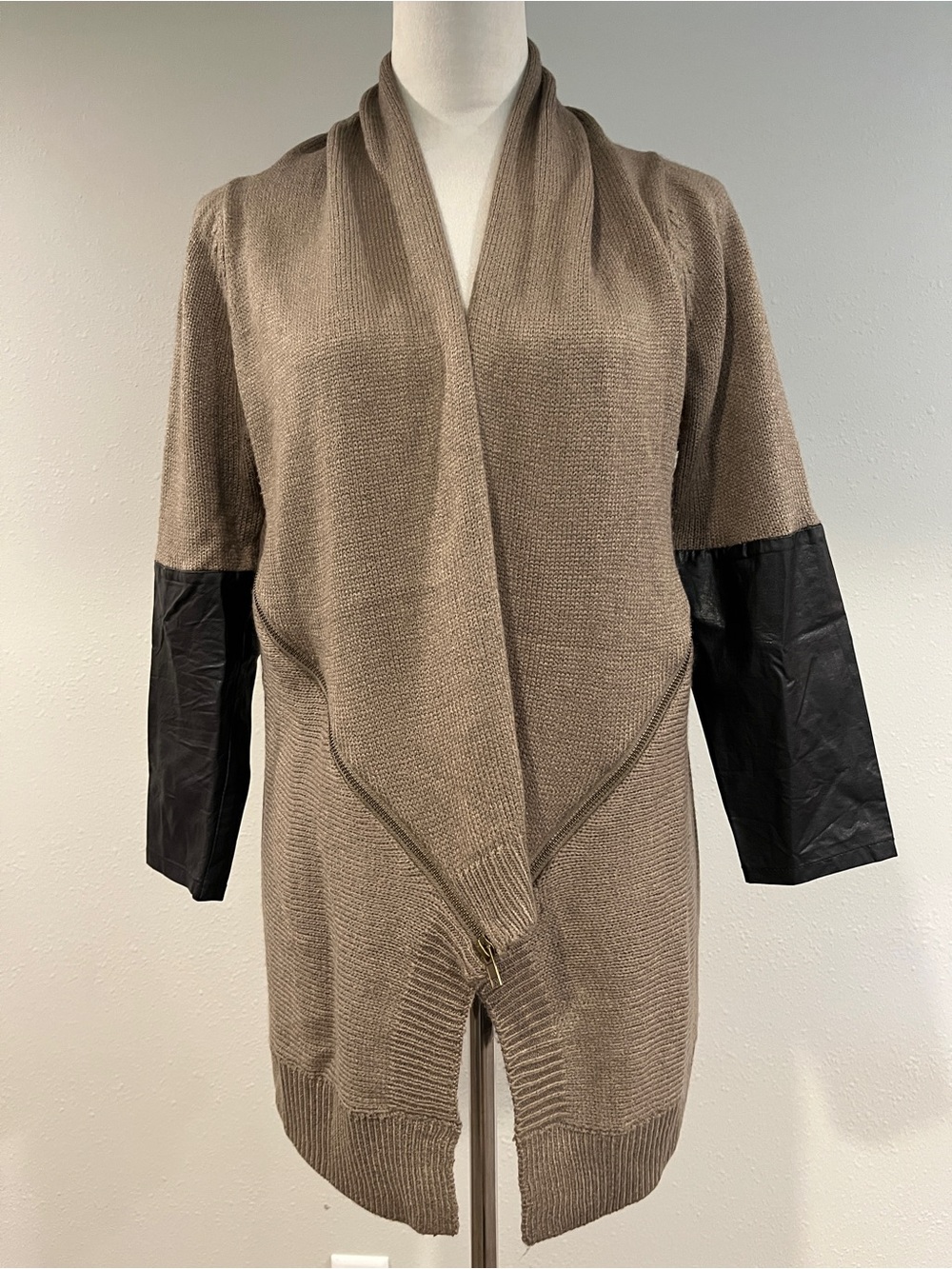 Divine Heart Taupe Open-Fron Cardigan with Faux-Leather Sleeves & zipper details